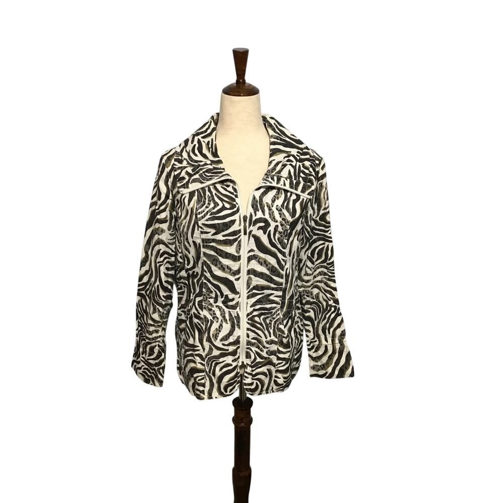 Chicos Medium Zebra Print Cotton Blend Zip Jacket Animal Print Outerwear